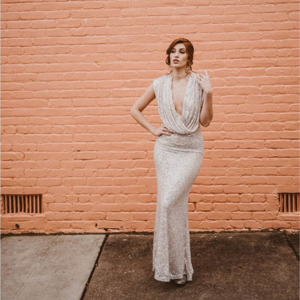 NWOT ASOS Jarlo Chloe Silver Maxi Dress (draped dress)